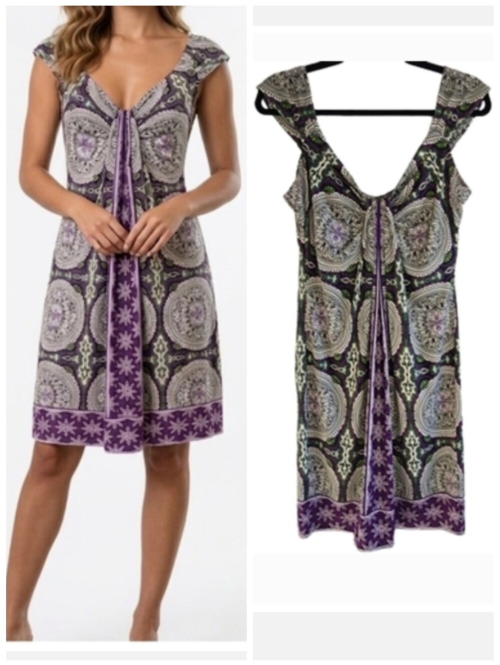 London Times mandala print dress Black White Purple Women's size 10